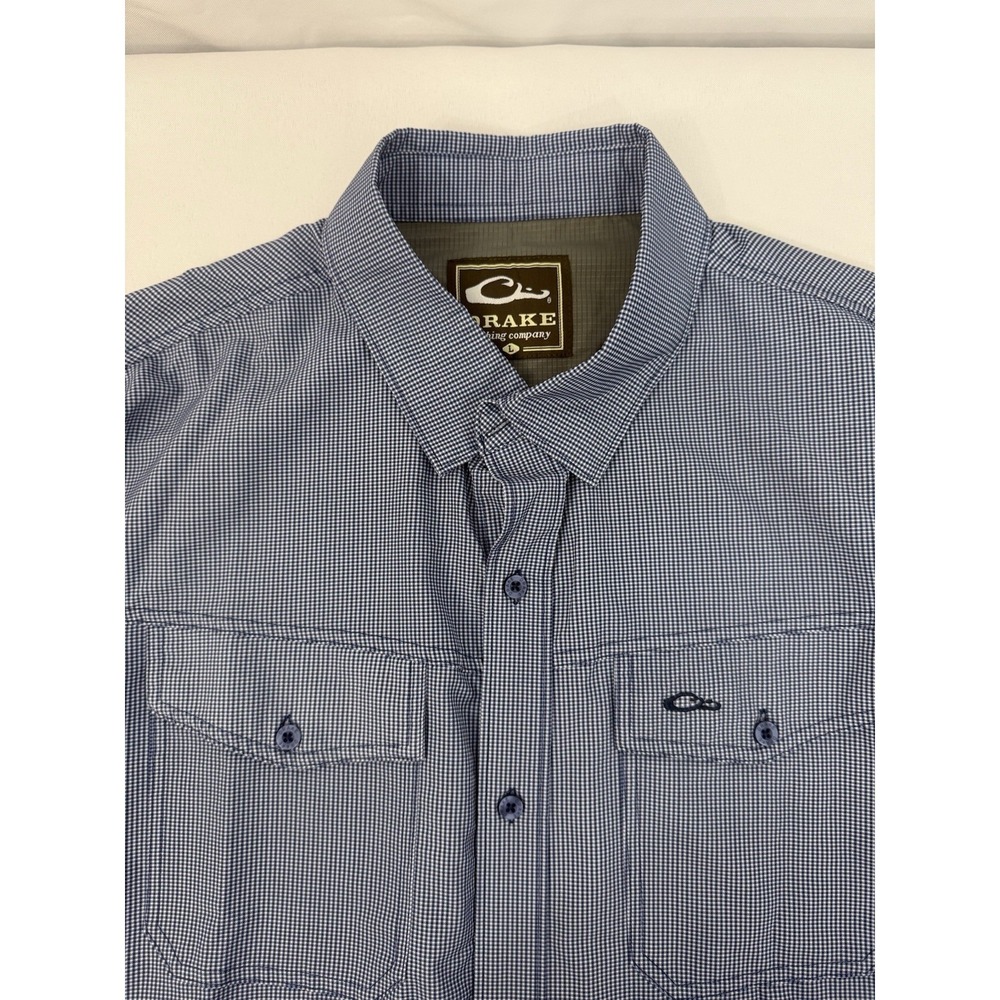 Drake Blue Gingham Performance Long Sleeve Button Up Shirt Pockets Mens Size L